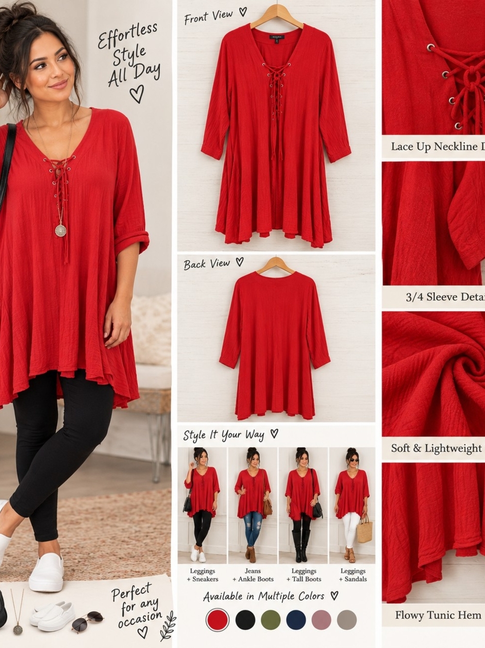 Lace-Up V-Neck Flowy Tunic Top - Red